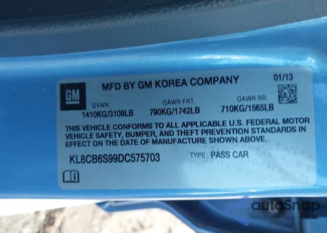 2013 Chevrolet Spark Ls Auto from USA, damaged, VIN KL8CB6S99DC575703